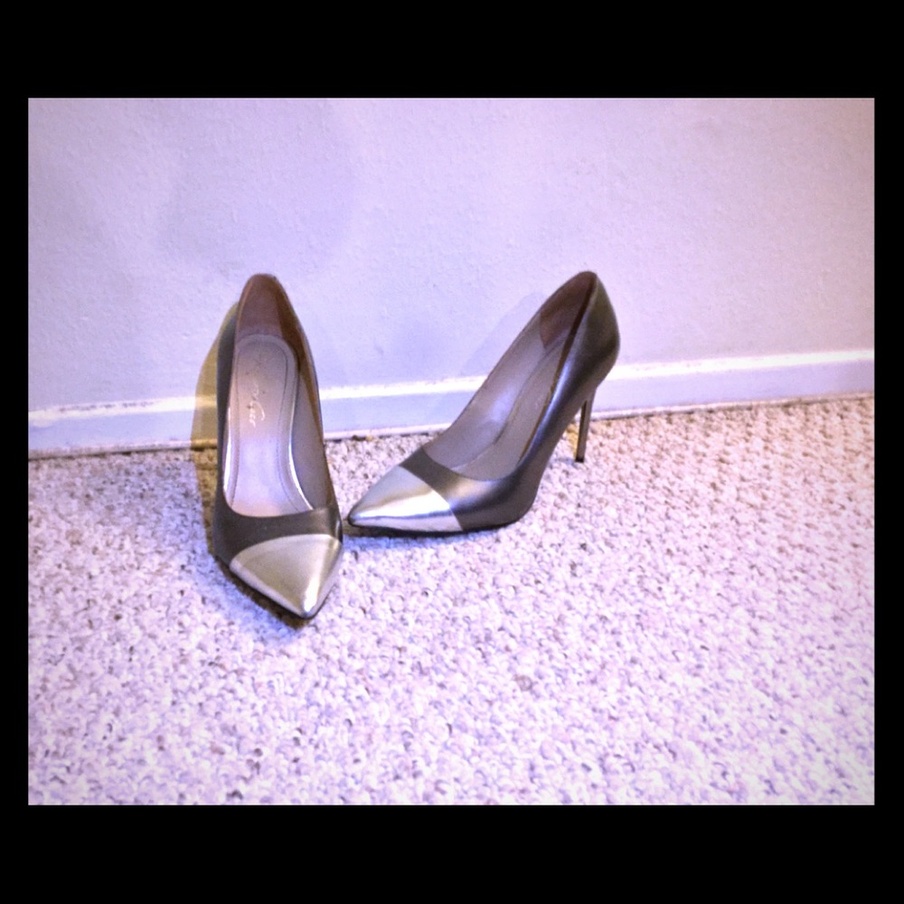 Gray and silver pumps
